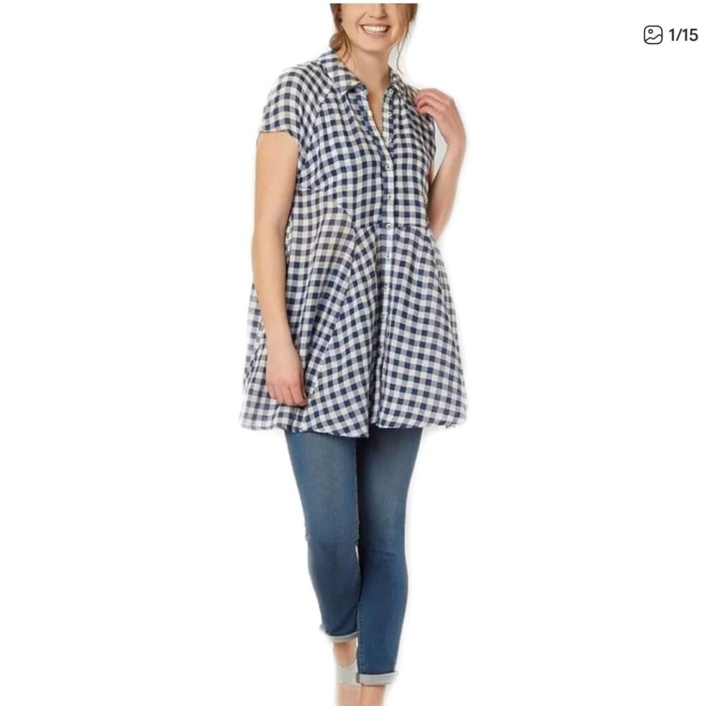 Free People boho gingham Blue Spring Love Plaid Tunic top size small